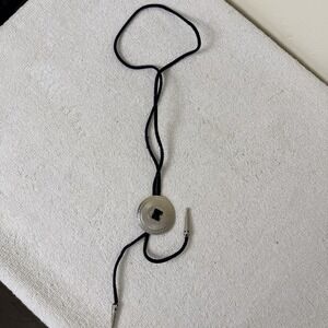Man's Bolo String Tie, silver Round design medallion black leather string 36"